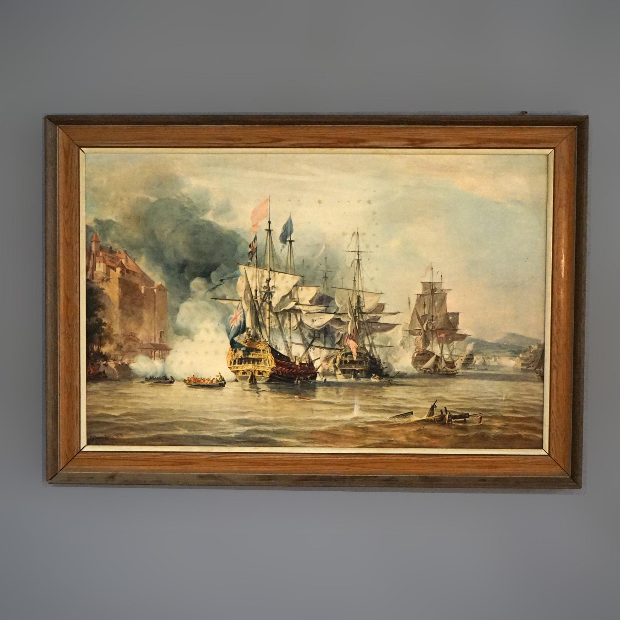 Mid Century Modern Seascape Print with Tall Mast Ships after Chambers C1950’s In Good Condition For Sale In Big Flats, NY