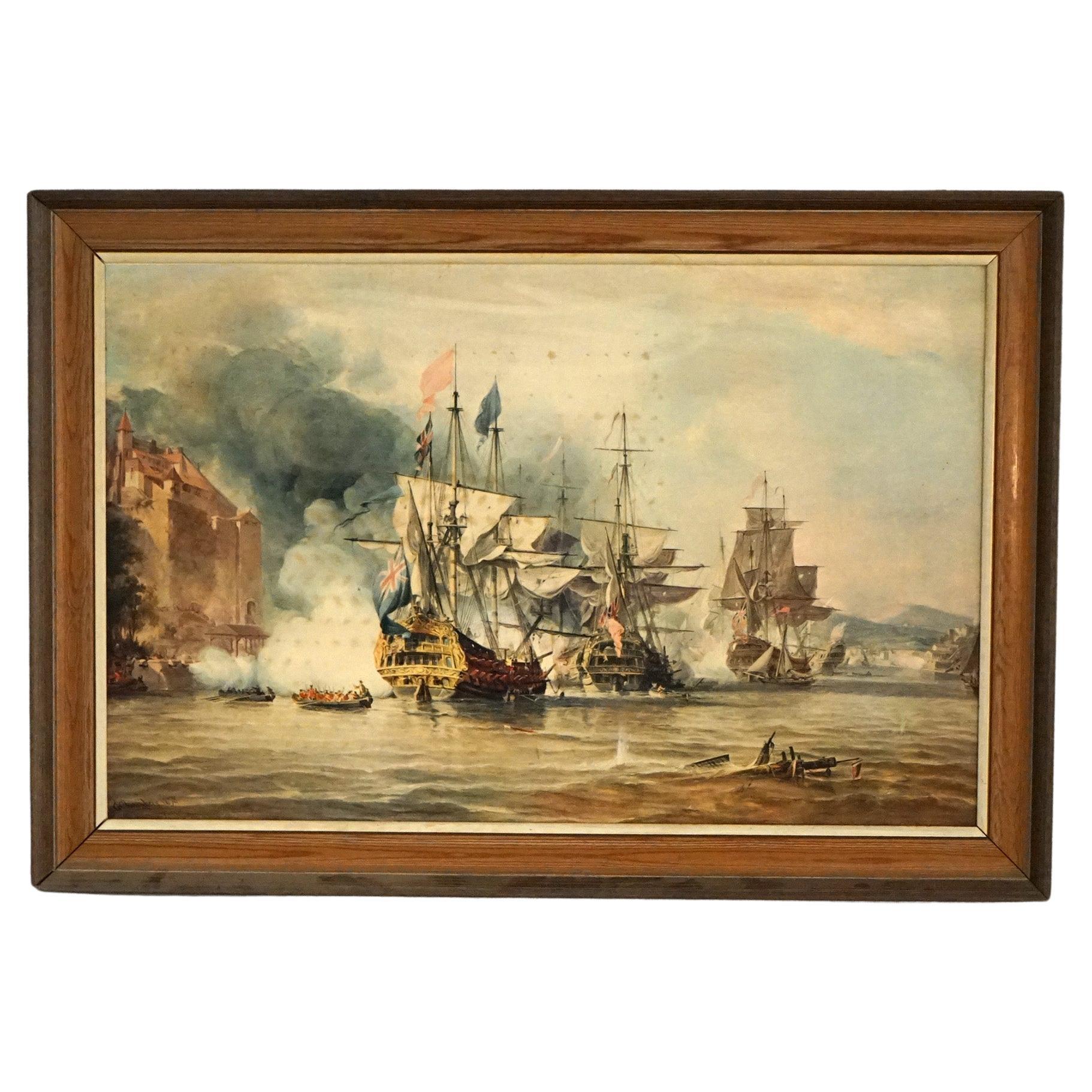 Mid Century Modern Seascape Print with Tall Mast Ships after Chambers C1950’s For Sale