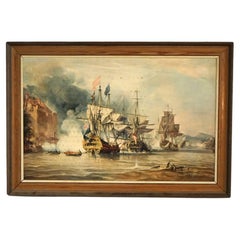 Mid Century Modern Seascape Print with Tall Mast Ships after Chambers C1950’s