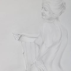 Mid-Century Modern Seated Nude Female Graphite Portrait by David Hanna