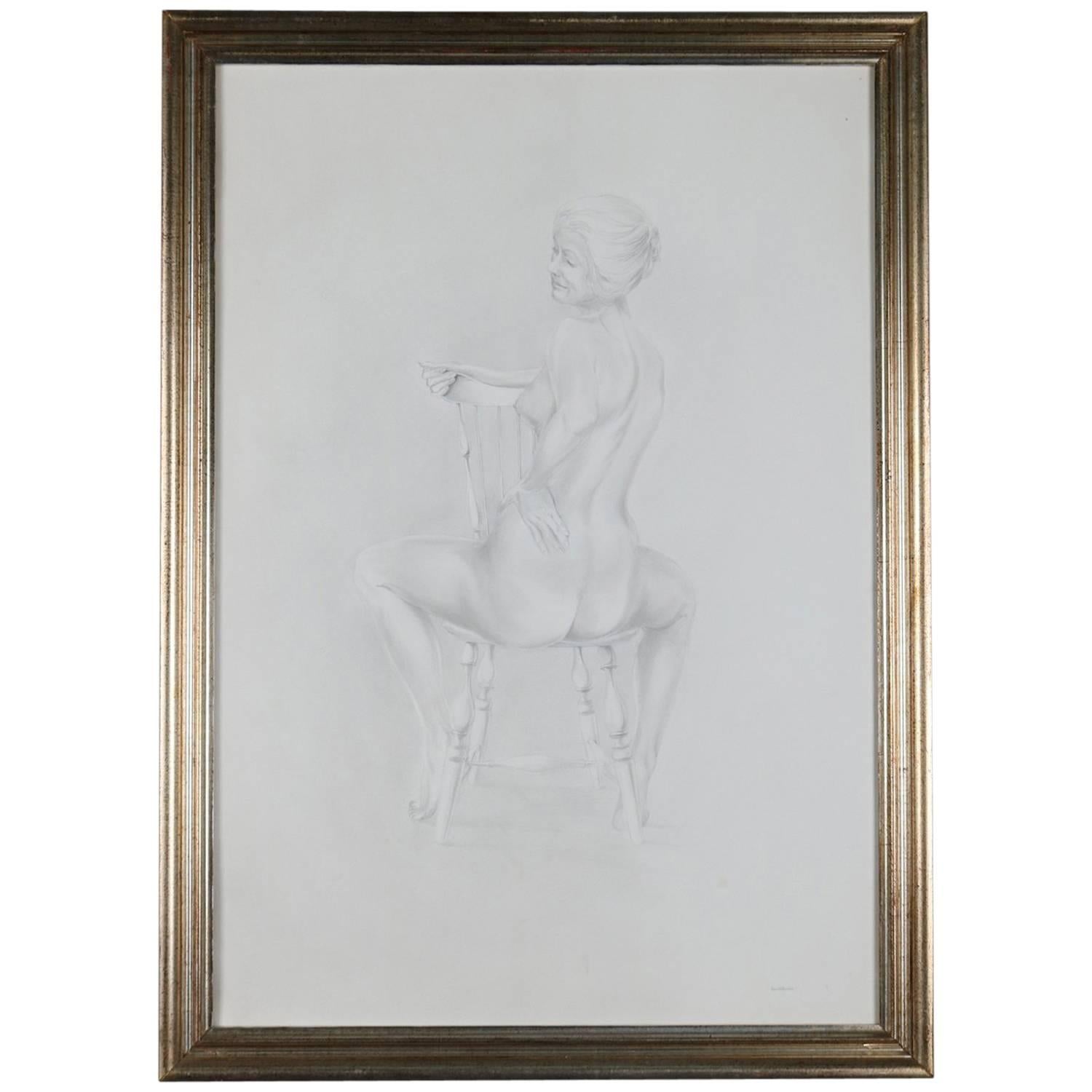 Mid-Century Modern Seated Nude Female Graphite Portrait by David Hanna