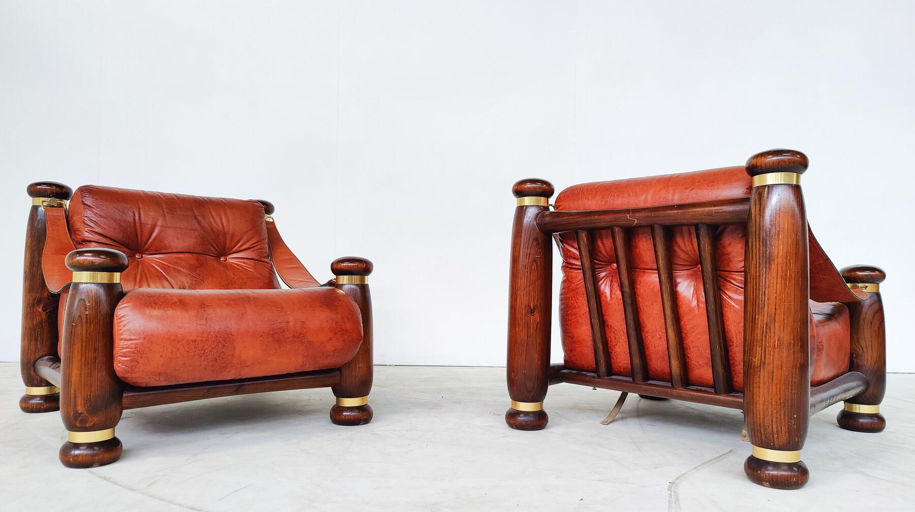 Mid-Century Modern Seating Set, Leather and Wood, Italy, 1970s, Original Leather For Sale 5
