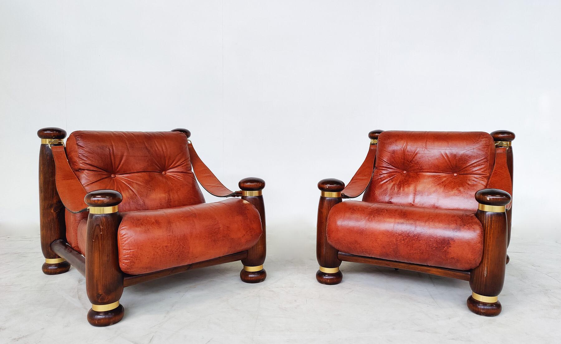 Mid-Century Modern Seating Set, Leather and Wood, Italy, 1970s, Original Leather For Sale 6