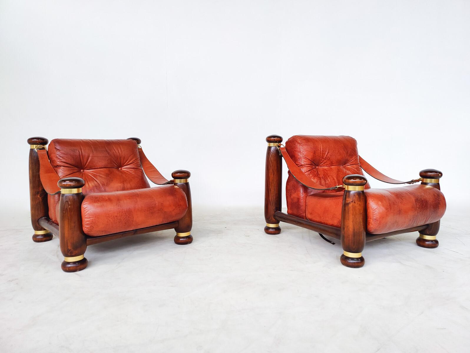 Mid-Century Modern Seating Set, Leather and Wood, Italy, 1970s, Original Leather For Sale 7
