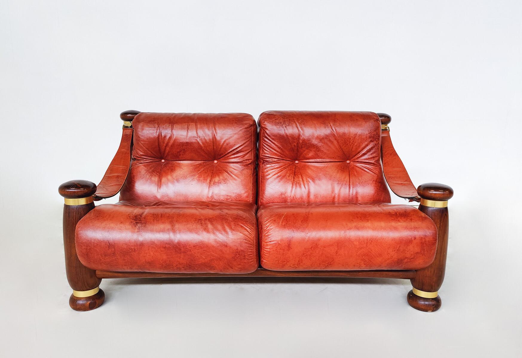 Mid-Century Modern Seating Set, Leather and Wood, Italy, 1970s - Original Leather.