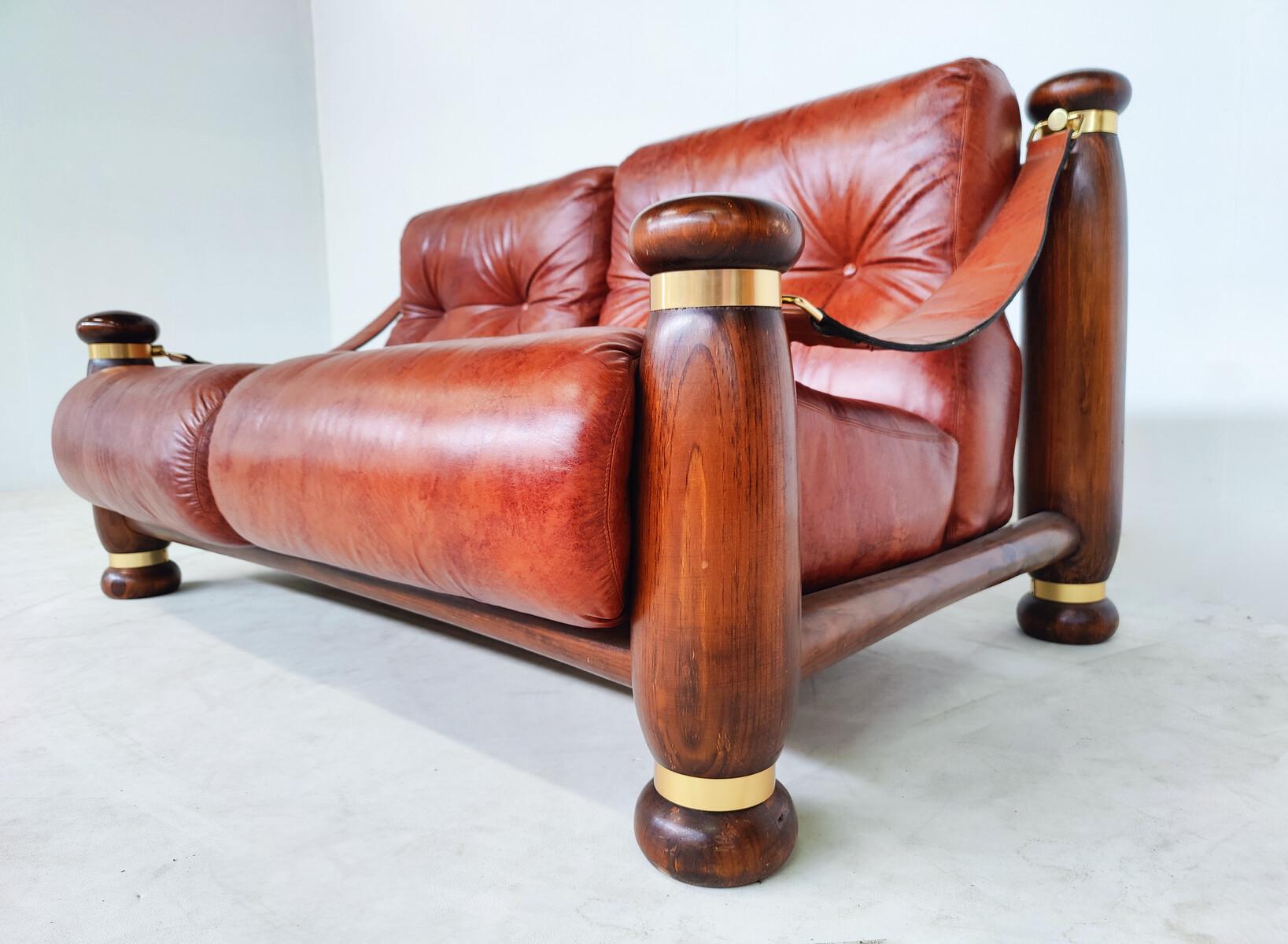 Mid-Century Modern Seating Set, Leather and Wood, Italy, 1970s, Original Leather In Good Condition For Sale In Brussels, BE