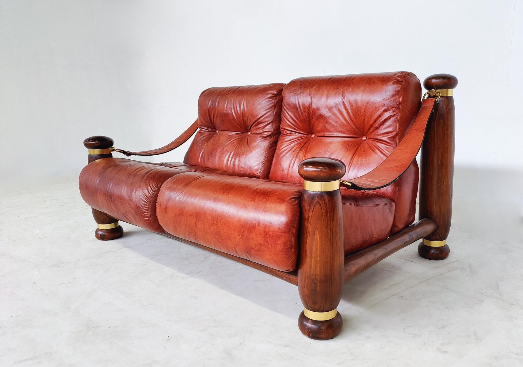 Mid-Century Modern Seating Set, Leather and Wood, Italy, 1970s, Original Leather For Sale 1