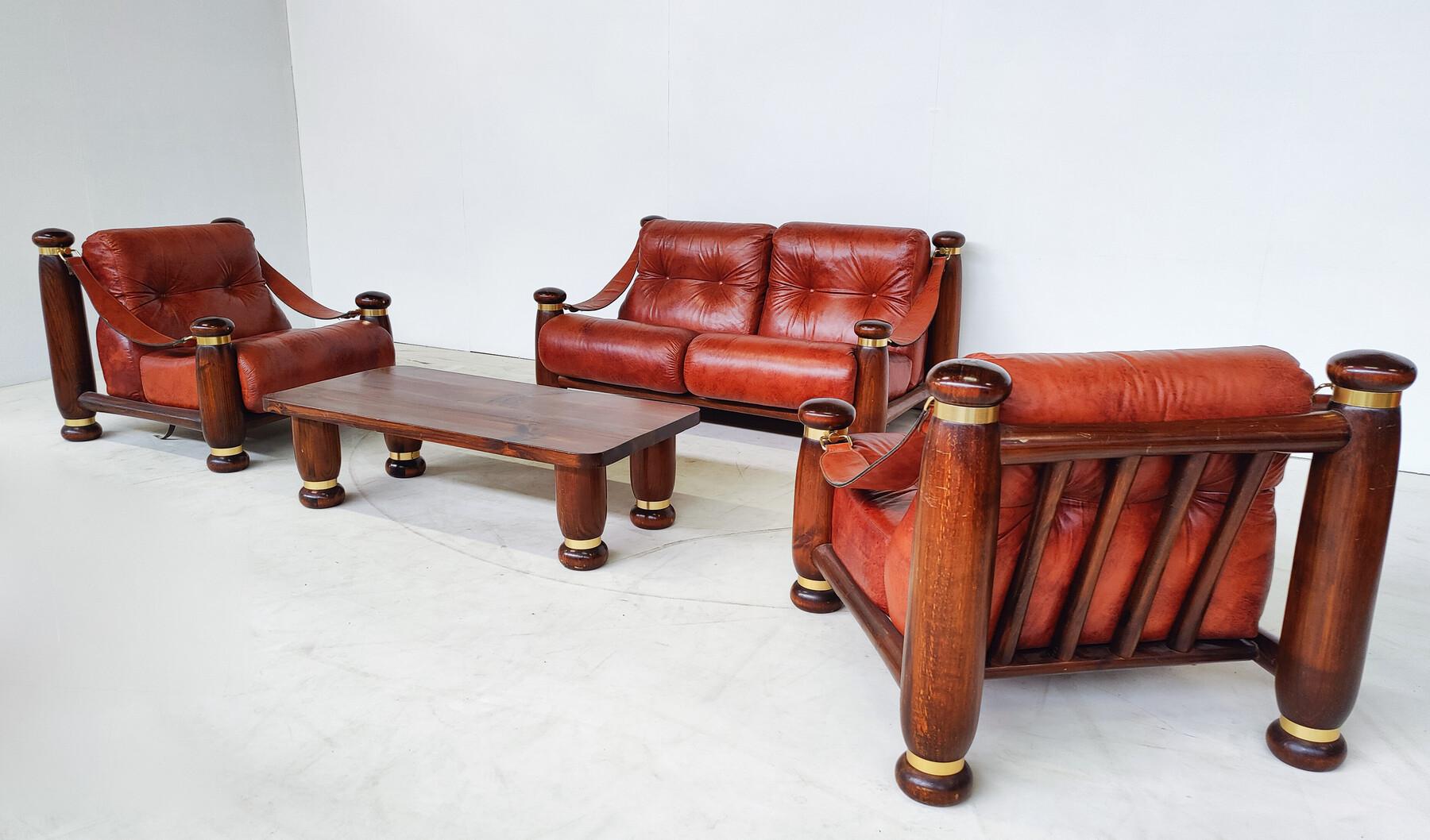 Ensemble de sièges modernes du milieu du siècle, cuir et bois, Italie, 1970 en vente 1