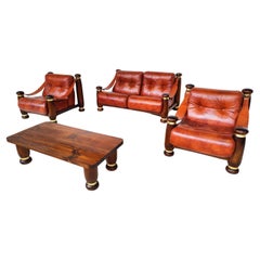 Mid-Century Modern Seating Set, Leather and Wood, Italy, 1970s, Original Leather