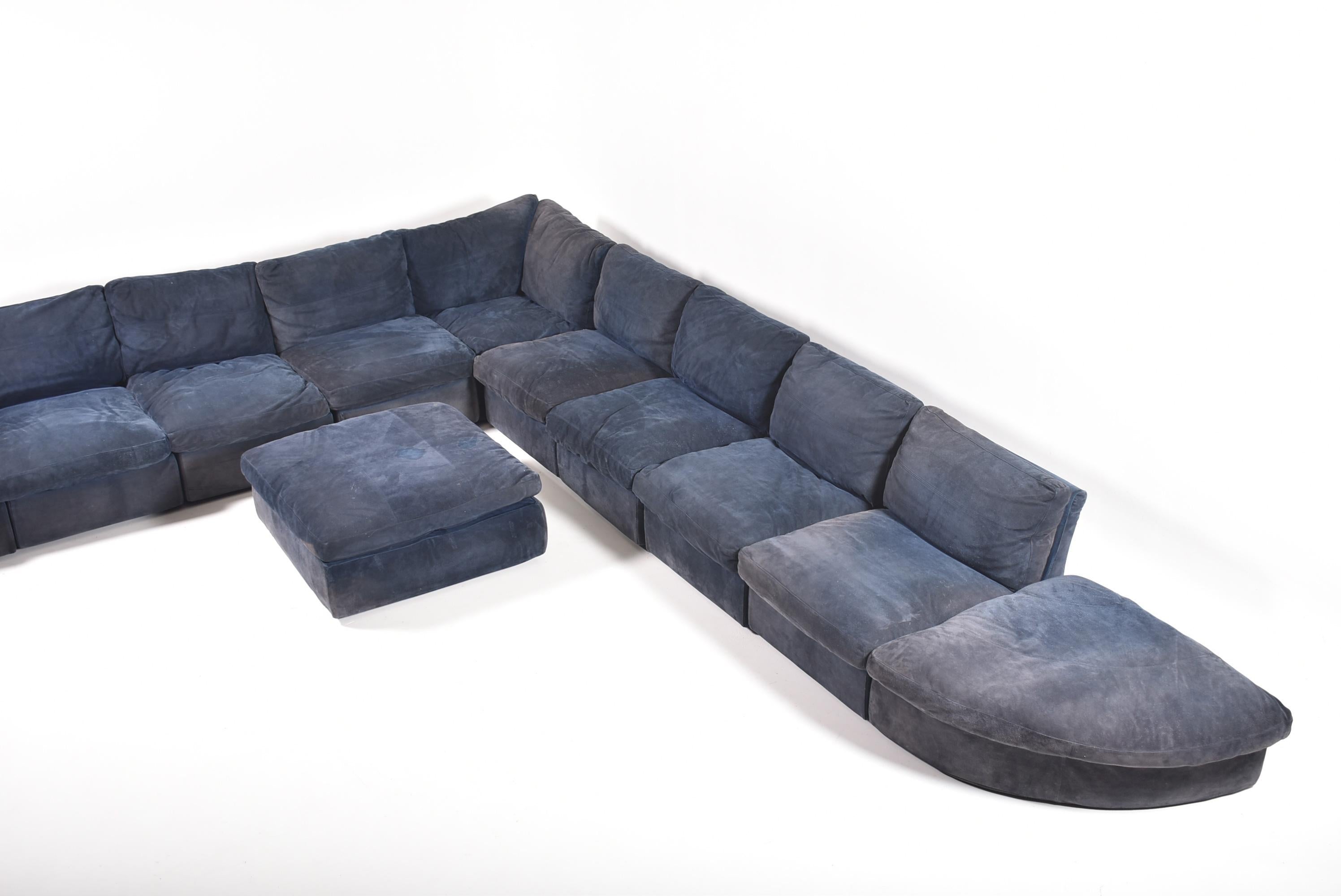French Mid-Century Modern Sectional Blue Suede Sofa by Steiner, Paris, 1980