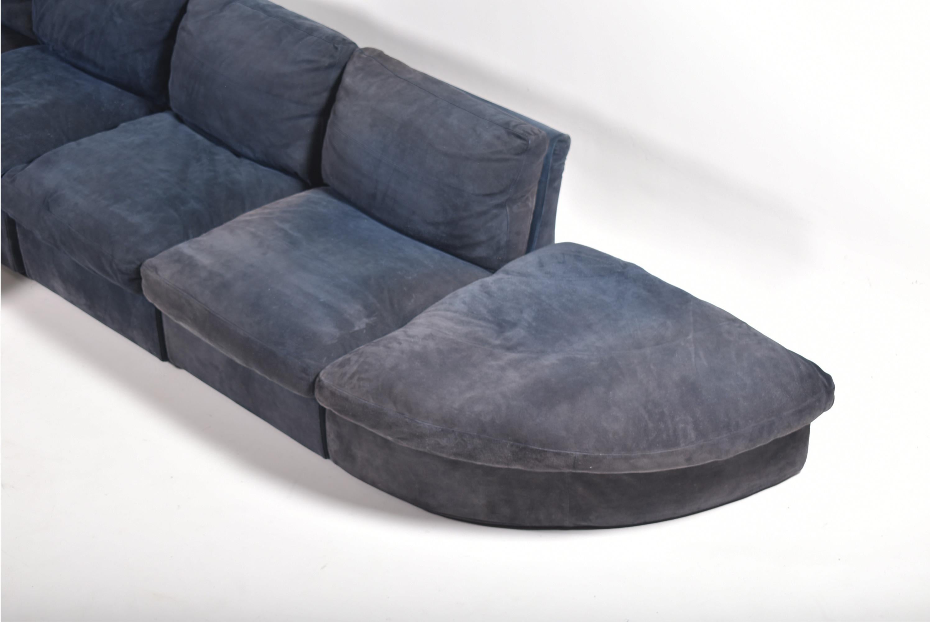 Mid-Century Modern Sectional Blue Suede Sofa by Steiner, Paris, 1980 In Good Condition In Le Grand-Saconnex, CH