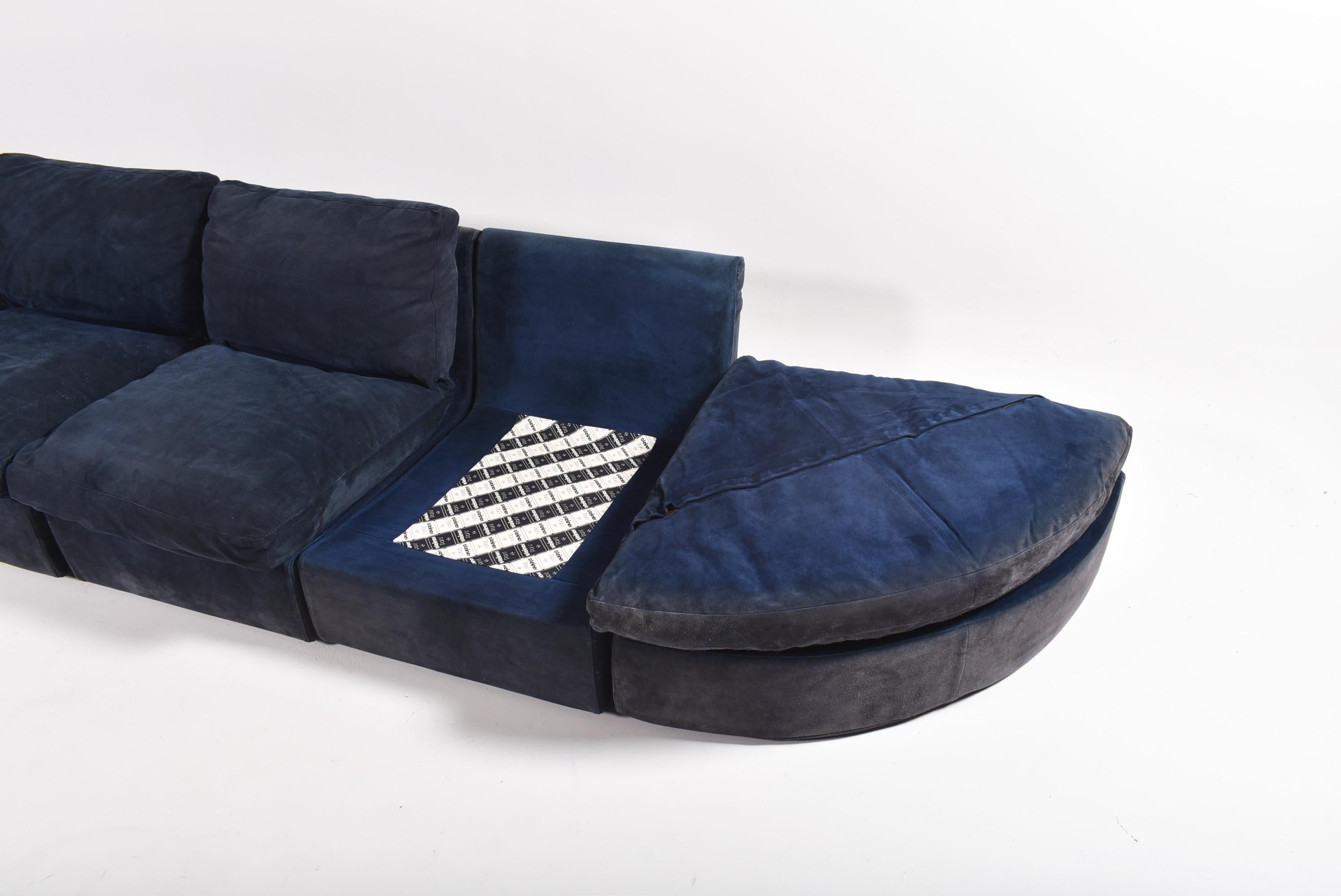 Late 20th Century Mid-Century Modern Sectional Blue Suede Sofa by Steiner, Paris, 1980