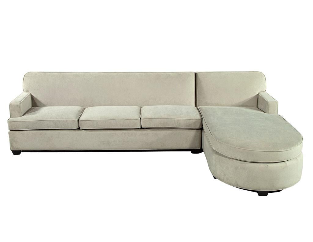 Mid-Century Modern sectional sofa by Arden Bell Jacobson. America, circa 1970’s, iconic mid-century modern styling. Restored with all new upholstery and foam material, like new. Fabric is a beautiful soft velvet in a pale pastel mint color.