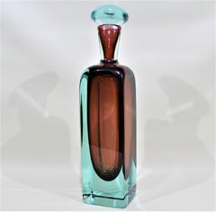 Mid-Century Modern Murano Blue & Rust Art Glass Bottle with Stopper