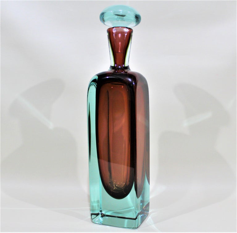 MidCentury Modern Murano Blue and Rust Art Glass Bottle with Stopper