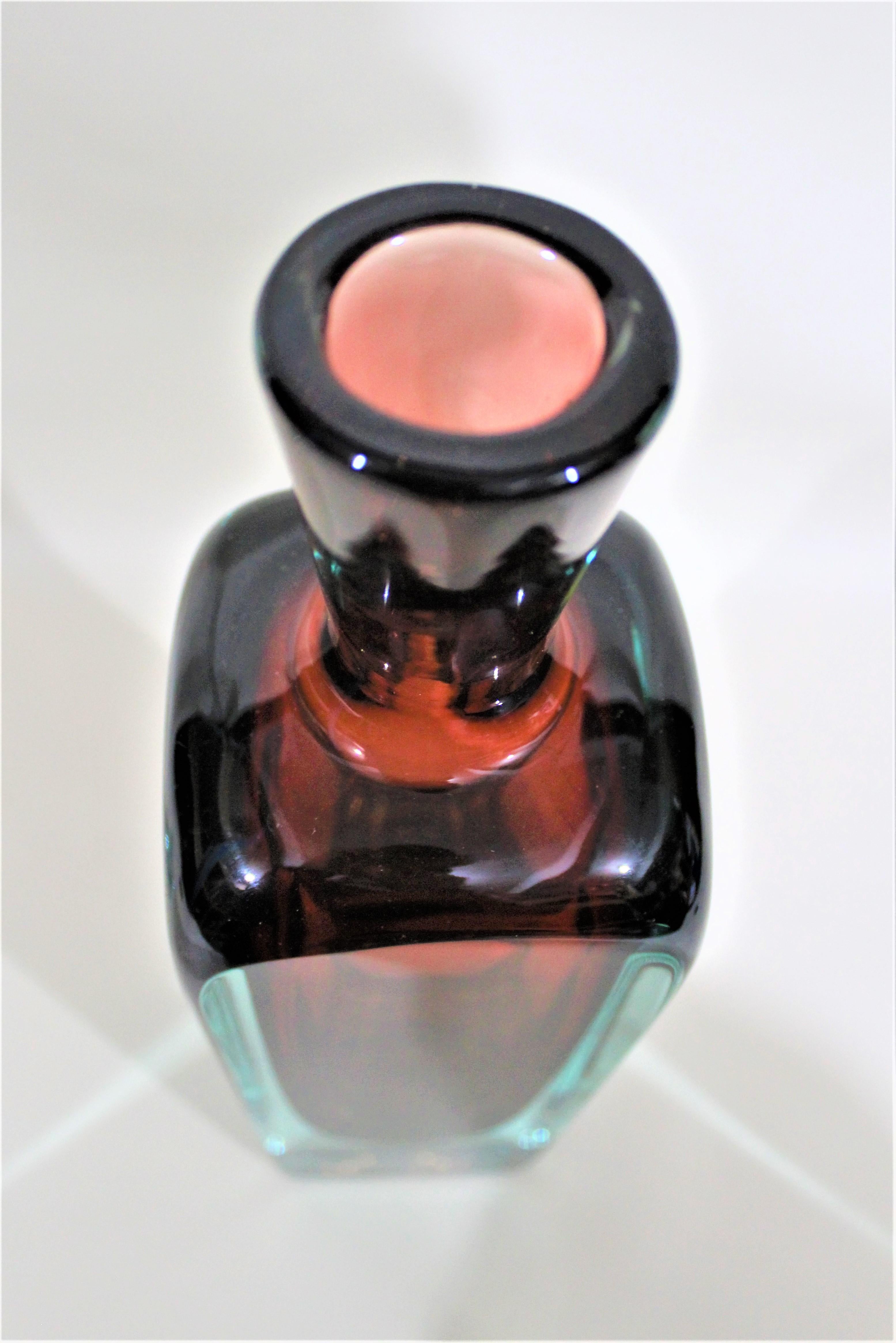 20th Century Mid-Century Modern Murano Blue & Rust Art Glass Bottle with Stopper For Sale