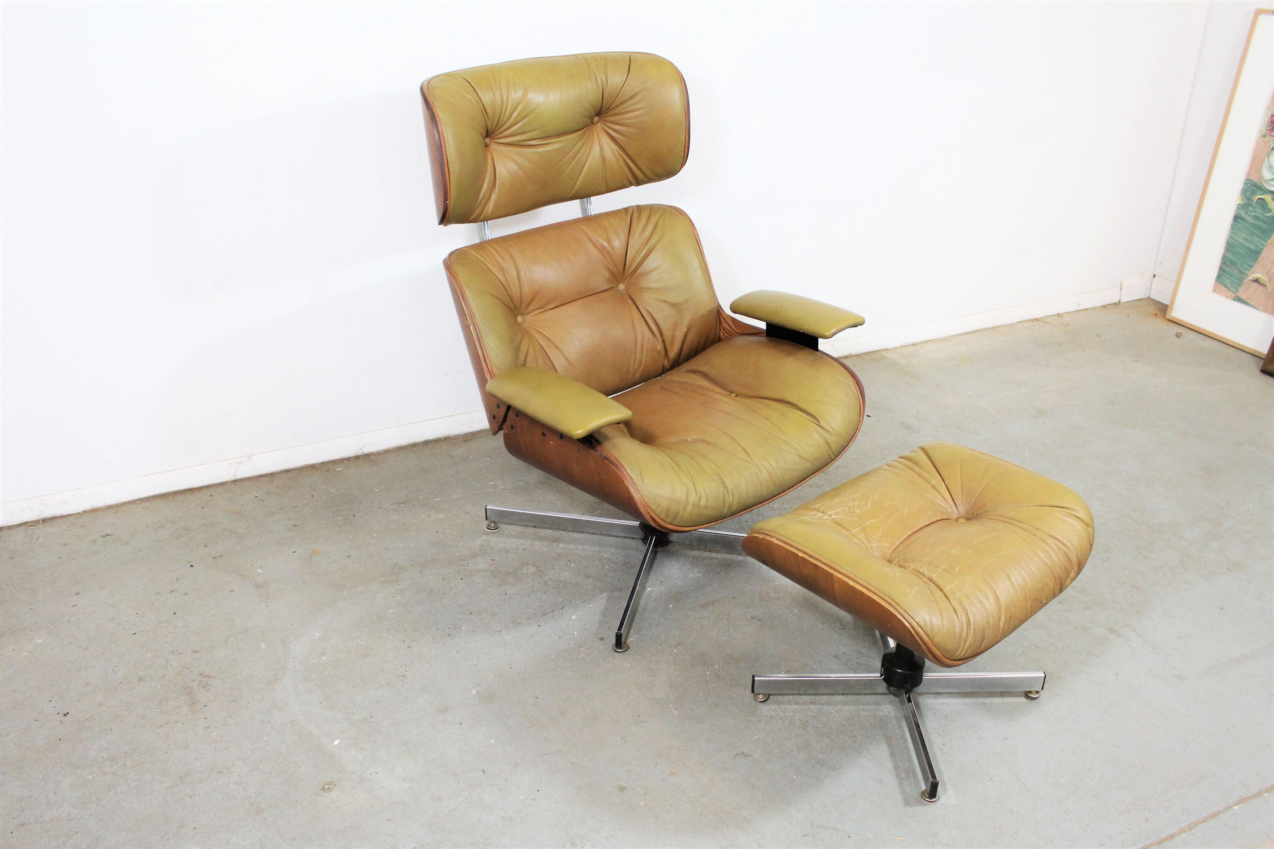 Mid-Century Modern Selig Eames leather lounge chair and ottoman

Offered is a beautiful unrestored Selig lounge chair and ottoman that swivels. Features molded walnut and chrome bases. In good vintage condition with some cracks in the leather as