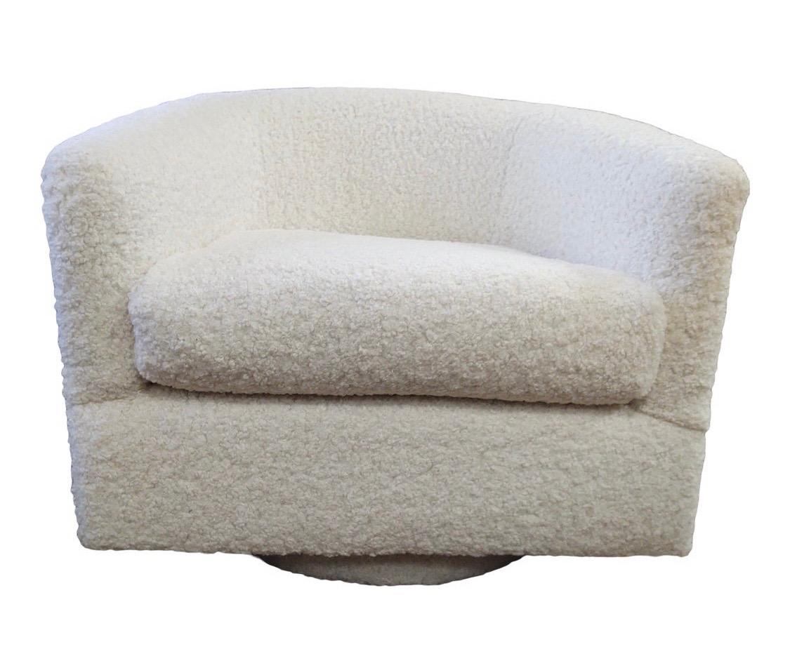 American Mid-Century Modern Selig Swivel Chair Newly Upholstered Faux Shearling Boucle