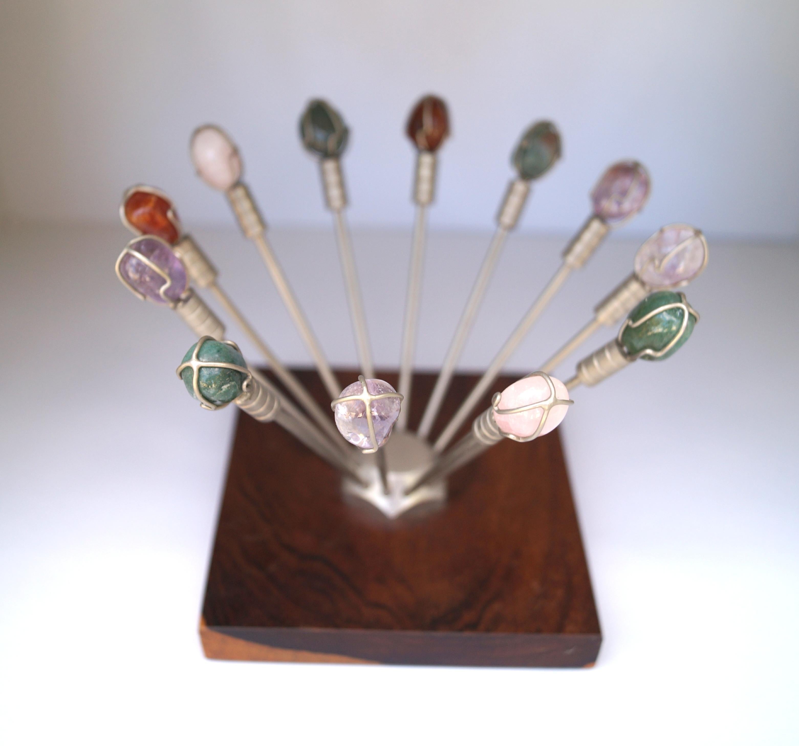 Mid-Century Modern Mid Century Modern Semi Precious Stones appetizer Picks cocktail Skewers Jeweled For Sale