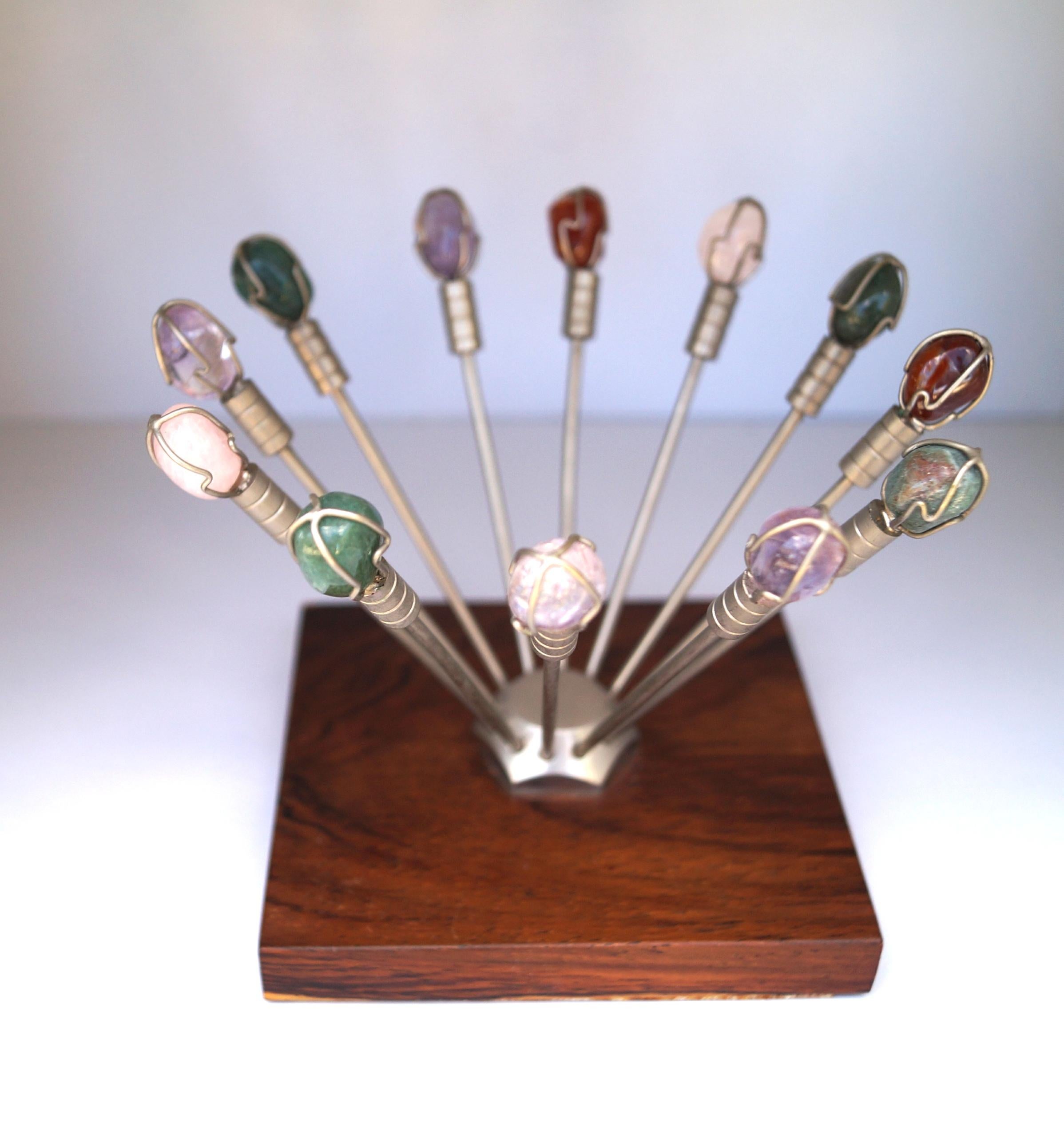 Unknown Mid Century Modern Semi Precious Stones appetizer Picks cocktail Skewers Jeweled For Sale