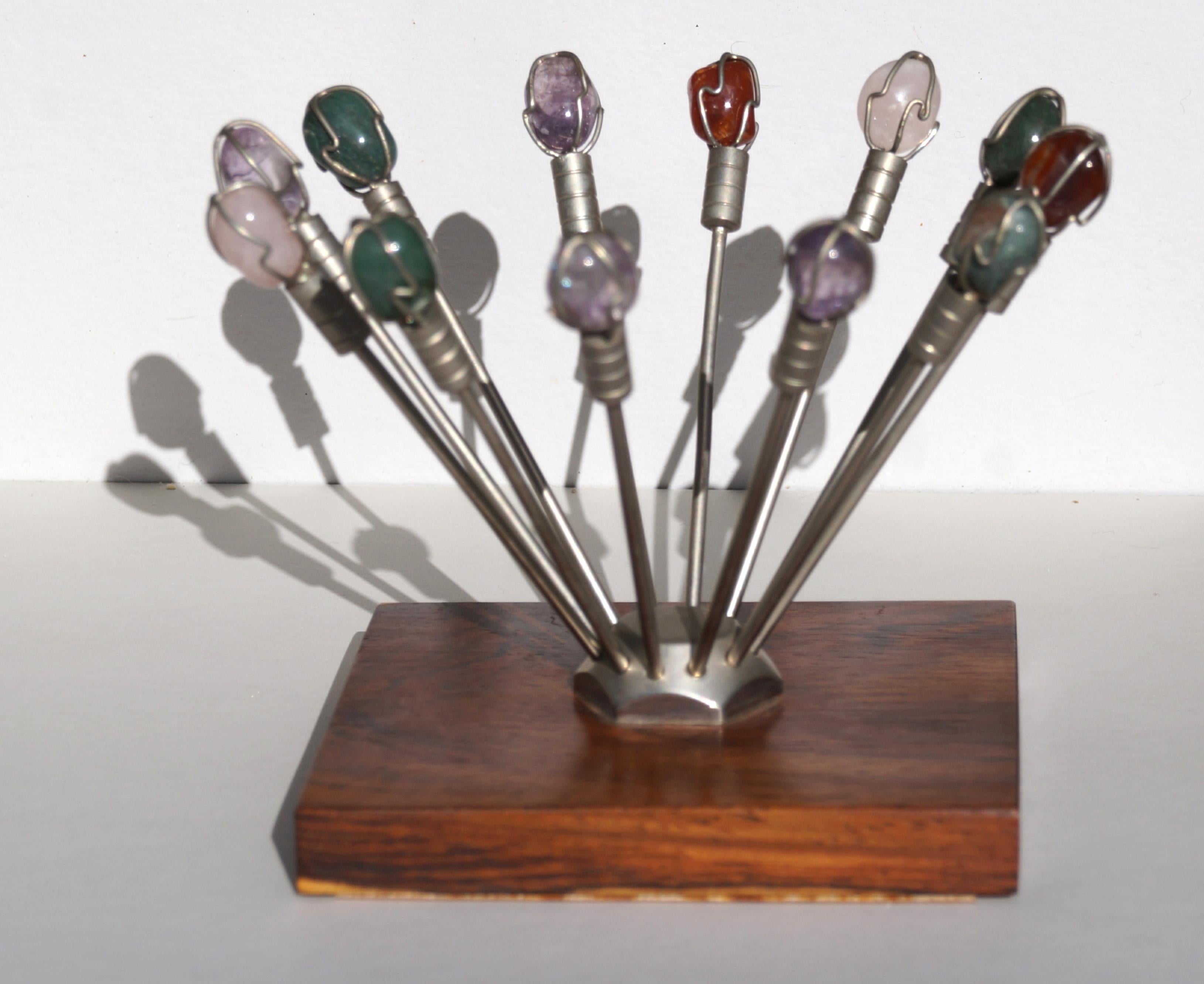 Mid-20th Century Mid Century Modern Semi Precious Stones appetizer Picks cocktail Skewers Jeweled For Sale
