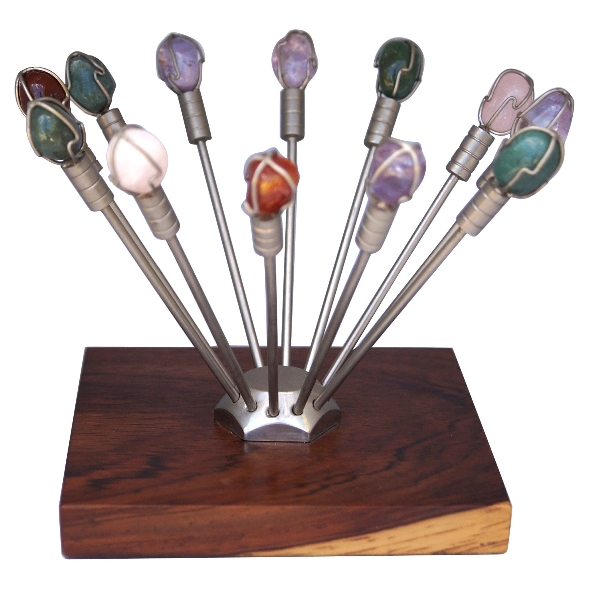 Mid Century Modern Semi Precious Stones appetizer Picks cocktail Skewers Jeweled For Sale