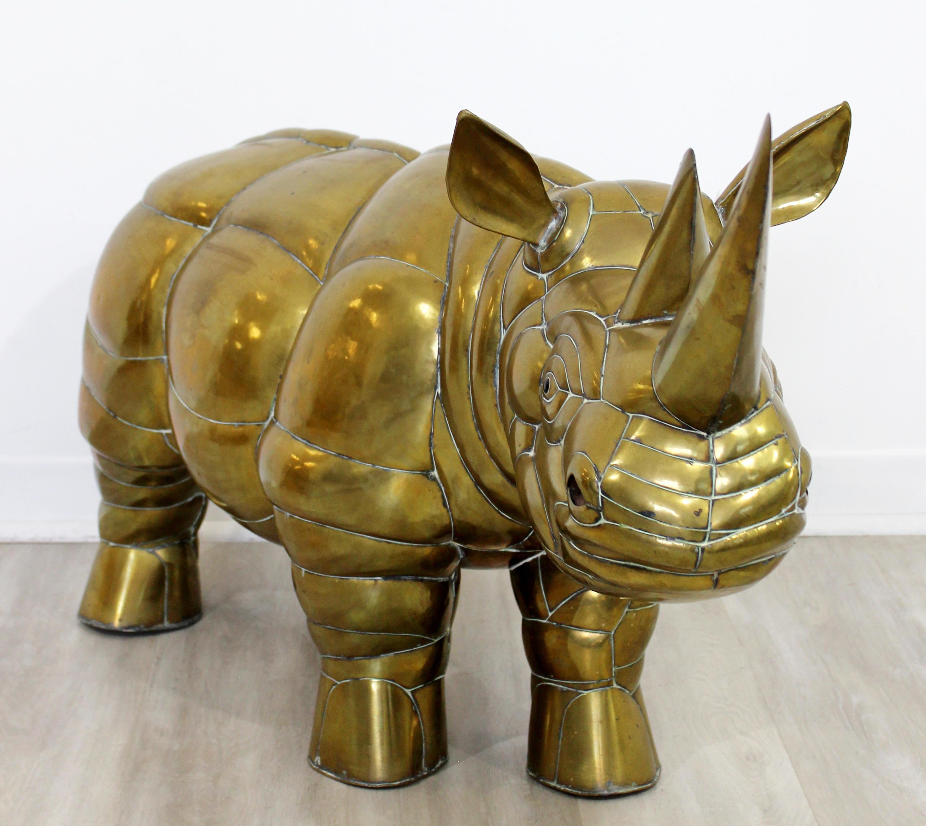 Mexican Mid-Century Modern Sergio Bustamante Brass Rhino Table Floor Sculpture, 1970s
