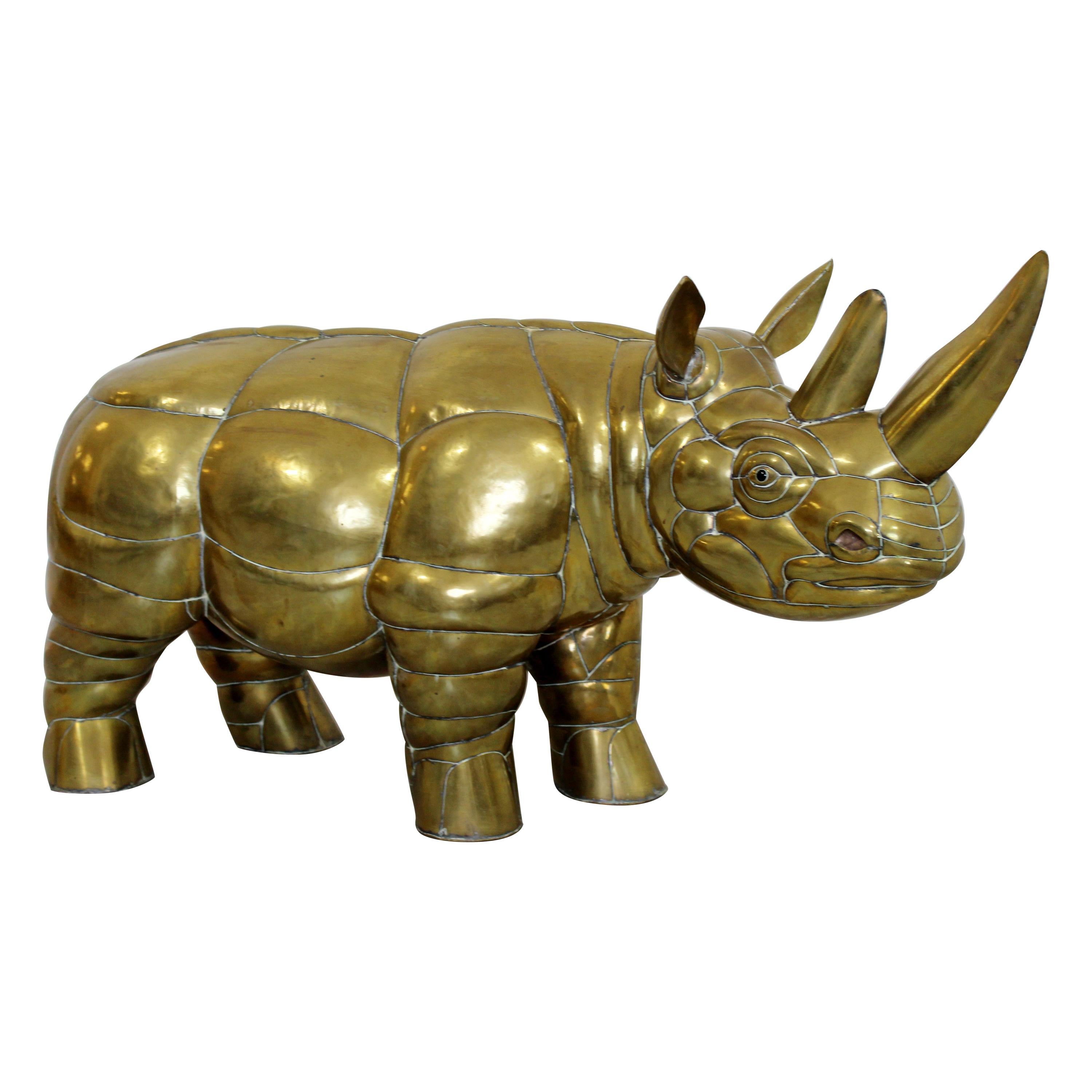 Mid-Century Modern Sergio Bustamante Brass Rhino Table Floor Sculpture, 1970s