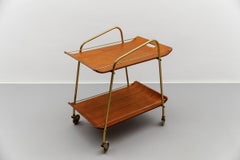 Mid-Century Modern Serving Cart in Teak and Brass with Removable Tray, 1950s