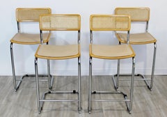 Mid-Century Modern Set 4 Marcel Breuer Cane Cantilever Chrome Bar Stools Italy