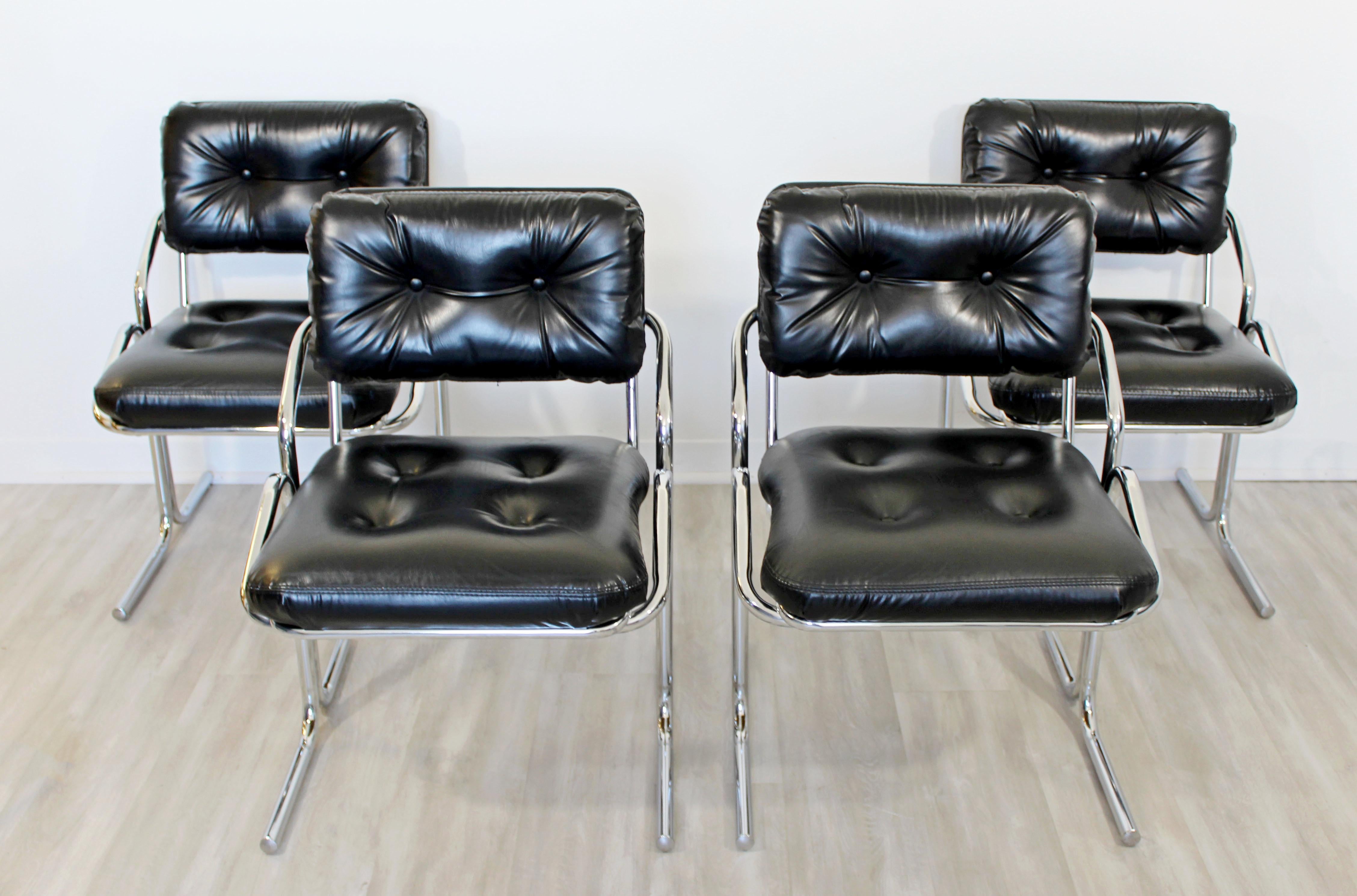 For your consideration is an incredible set of four side chairs, made of tubular chrome, black Naugahyde, Cal-Style by Jerry Johnson, circa 1970s. In very good vintage condition. The dimensions are 22.5