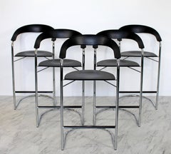 Mid-Century Modern Set 5 Thonet Bar Stools Chrome Black Vinyl, Italy, 1970s