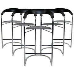 Mid-Century Modern Set 5 Thonet Bar Stools Chrome Black Vinyl, Italy, 1970s