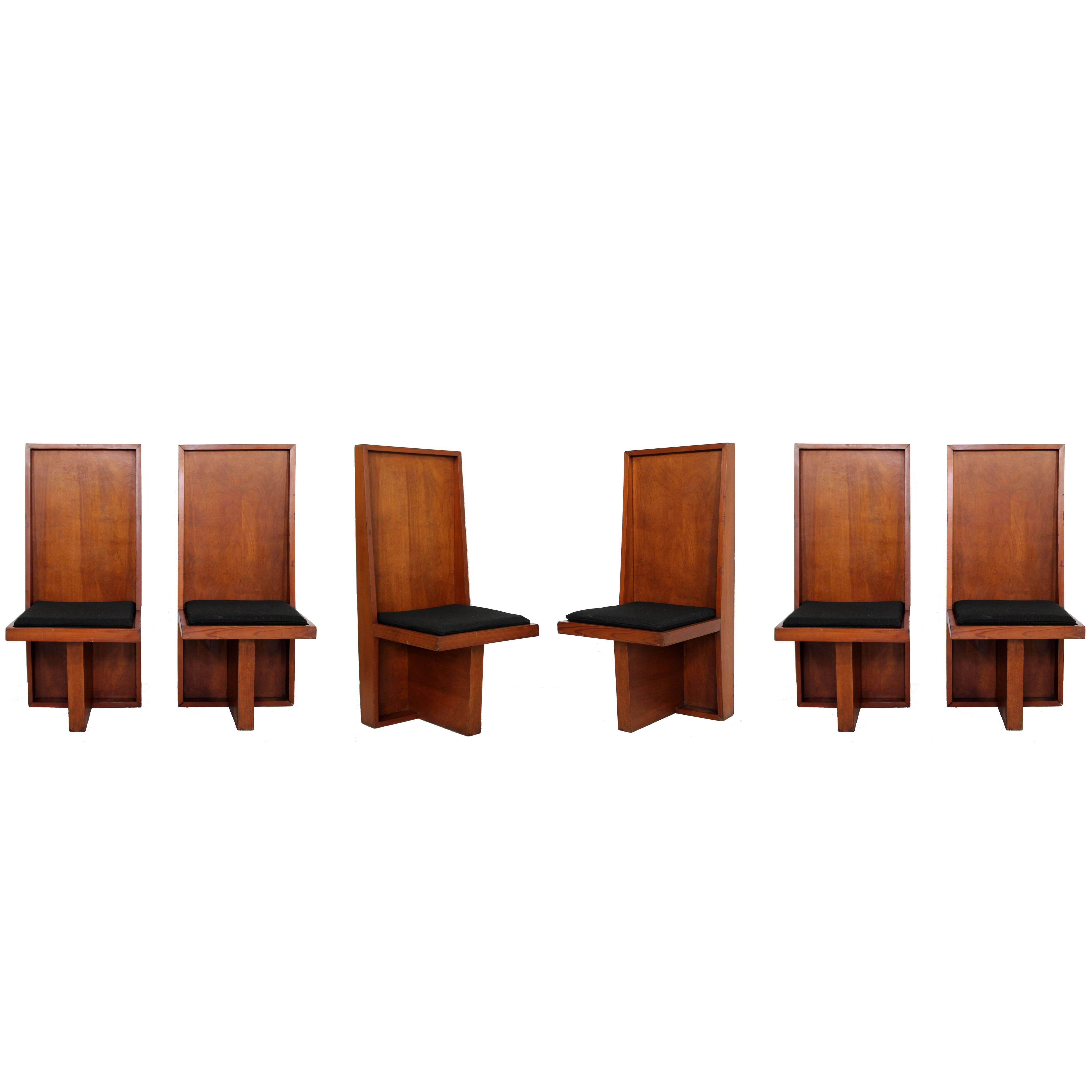 Mid-Century Modern Set of Six High Back Frank Lloyd Wright Style Dining Chairs