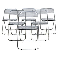 Vintage Mid-Century Modern Set of 6 Lucite Chrome Folding Side Chairs, 1960s, Castelli