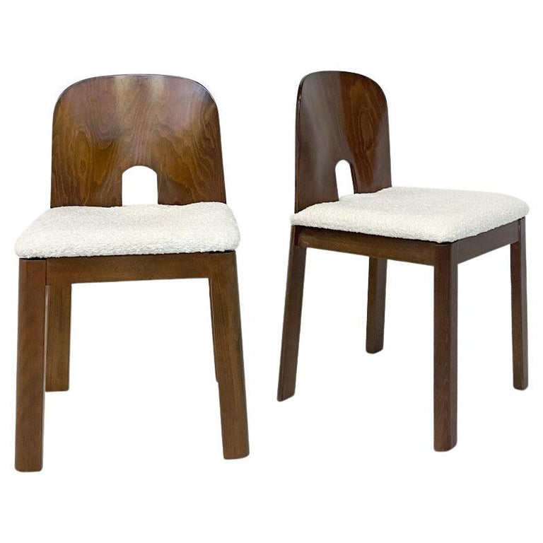 Mid-Century Modern Set of 10 Chairs, Wood and White Boucle, Italy ...
