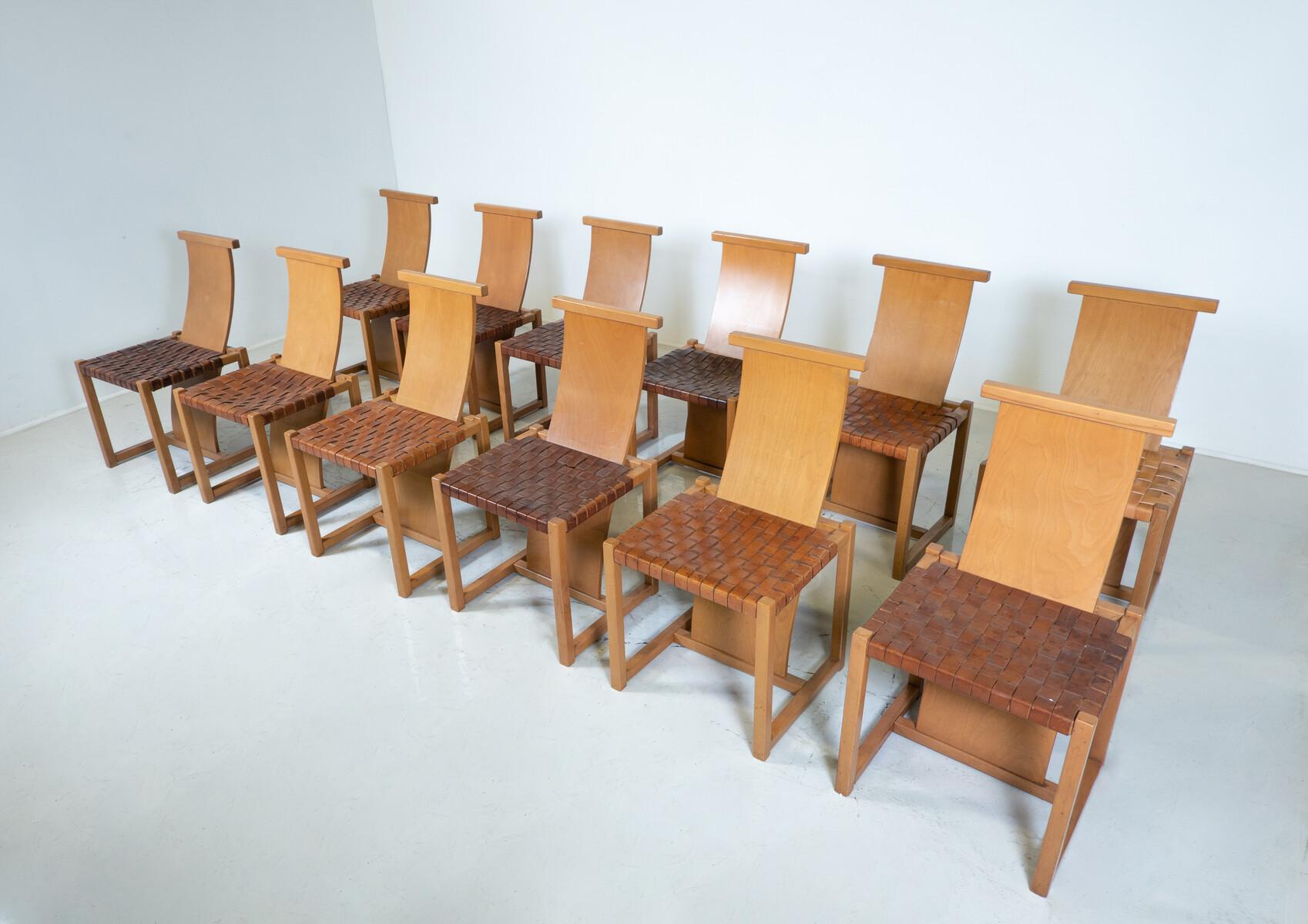 Mid-Century Modern Set of 12 Wood and Leather Chairs, Italy, 1950s In Good Condition For Sale In Brussels, BE