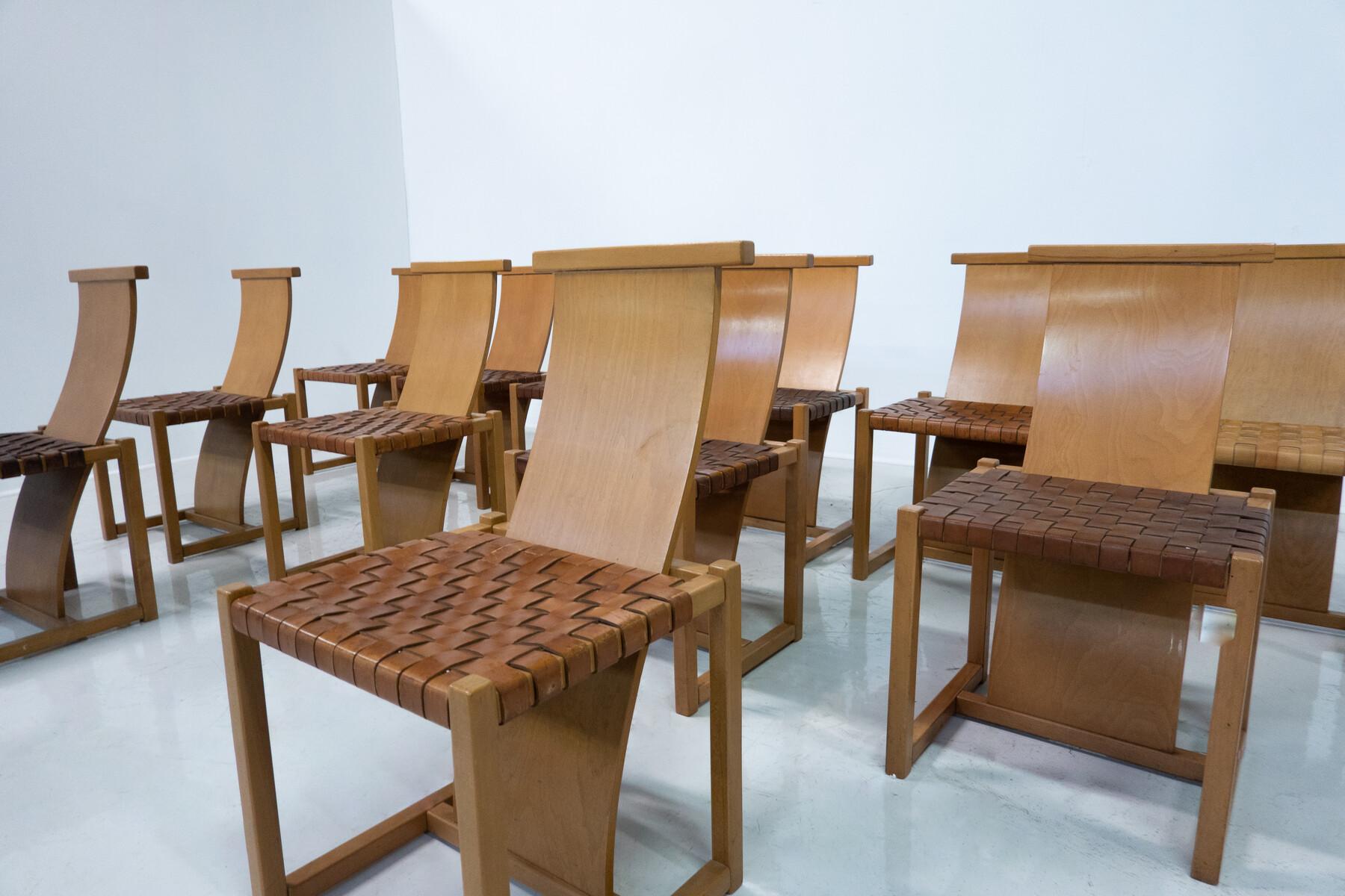 Mid-20th Century Mid-Century Modern Set of 12 Wood and Leather Chairs, Italy, 1950s For Sale