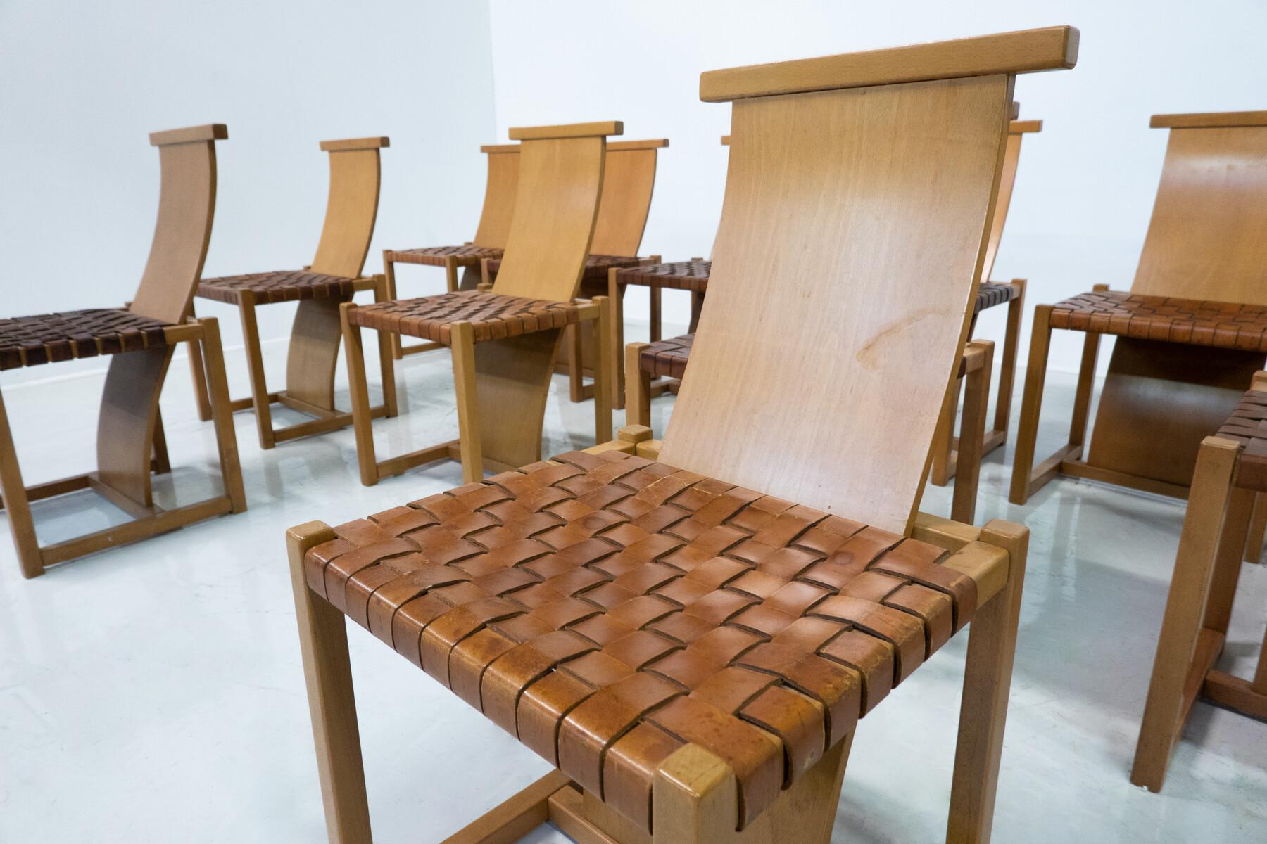 Mid-Century Modern Set of 12 Wood and Leather Chairs, Italy, 1950s For Sale 1