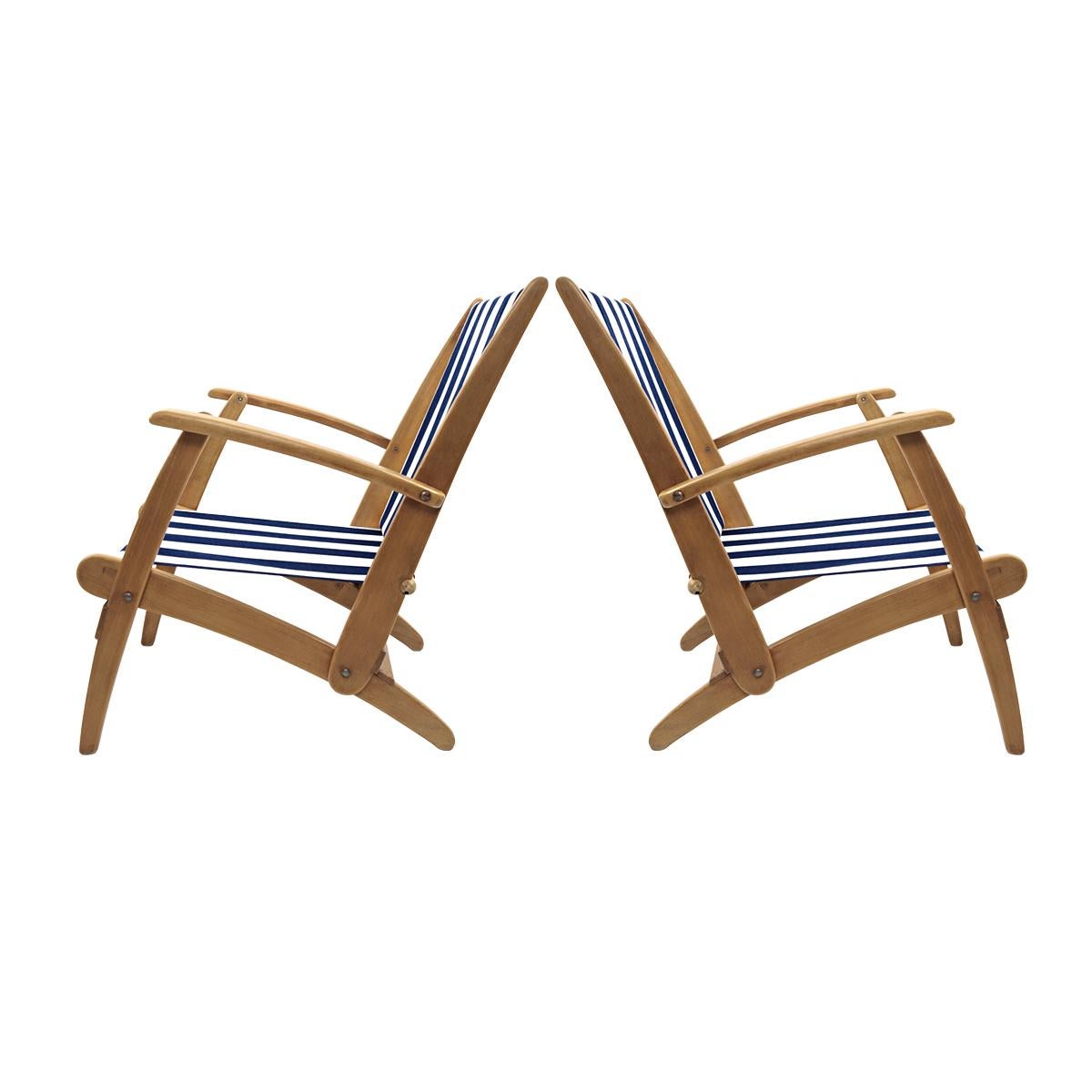 Two beautiful and comfortable folding chairs made of wood and blue white striped fabric. Originally they were the deck chairs on the adventure ship 'Gracias'. They would look great in your garden, terrace or along your pool.
The Dutch writer Piet