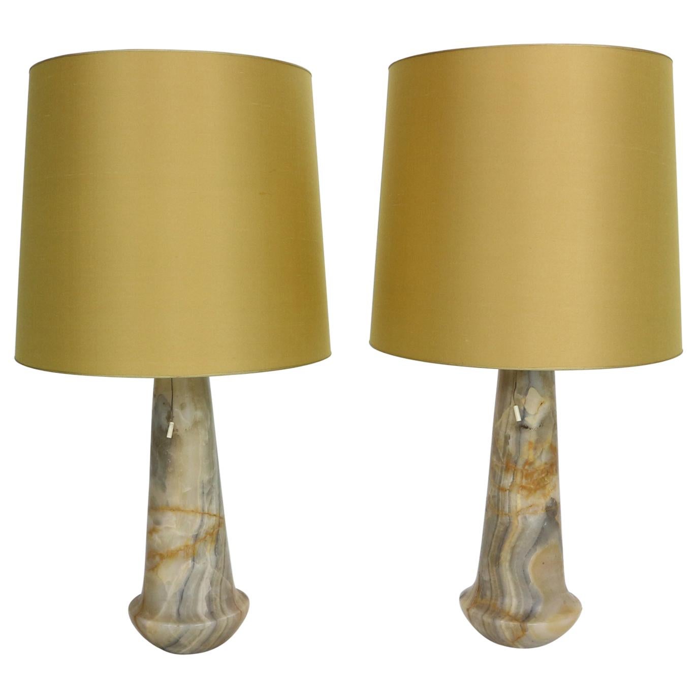 Mid-Century Set of 2 Marble Lamps with linen shade, 1960s, Italy
