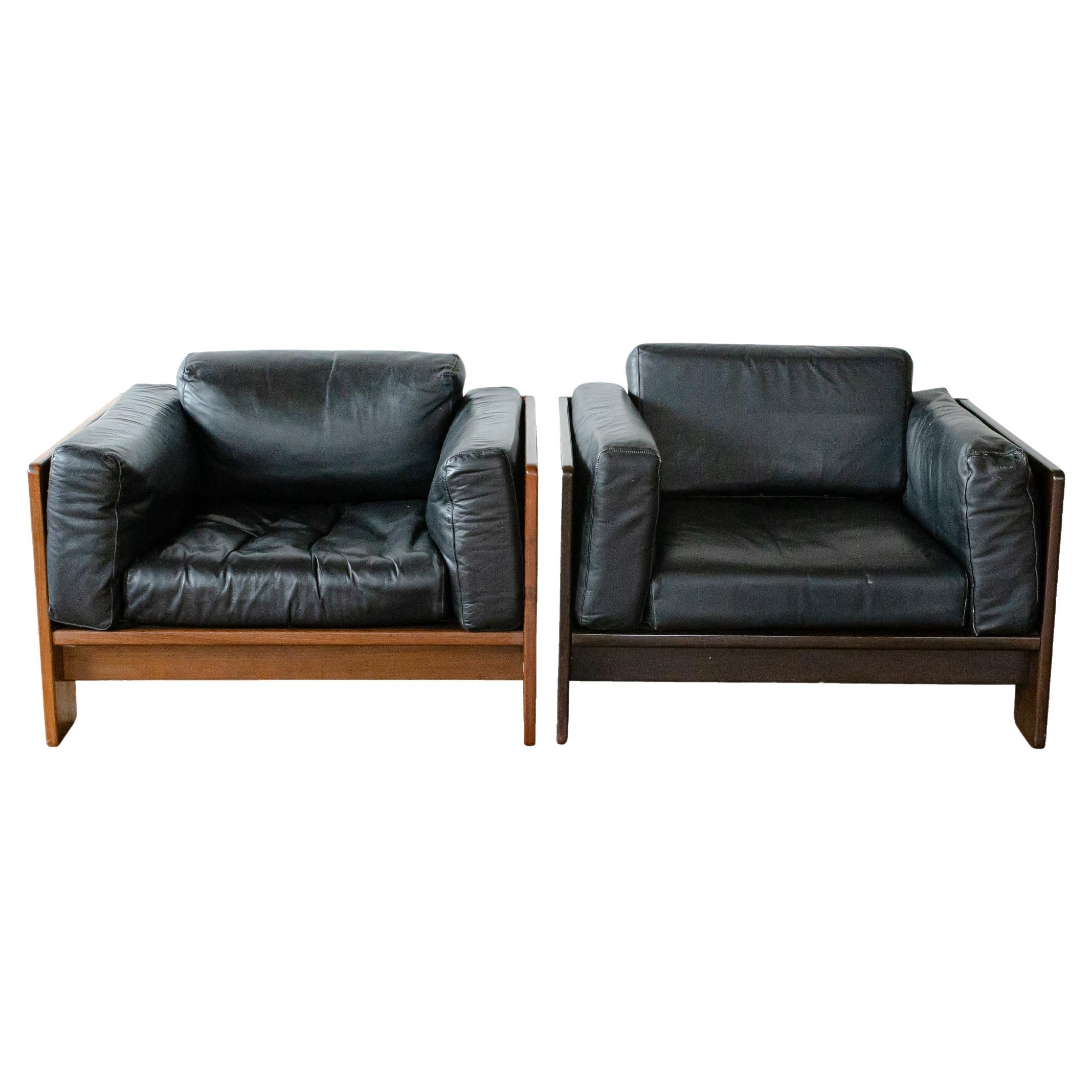 Mid-Century Modern Set of 2 Tobia Scarpa Bastiano Rosewood Black Leather Chairs