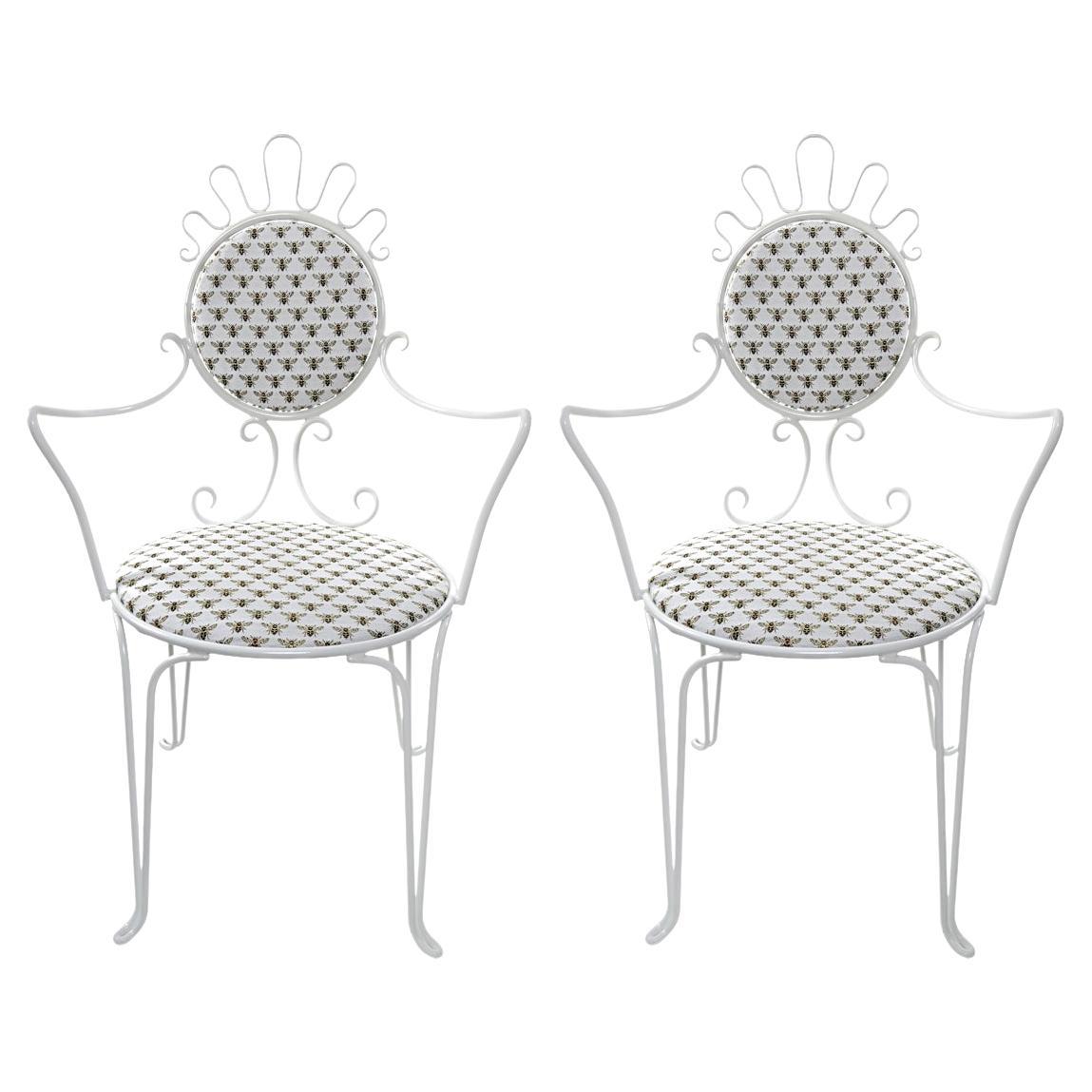 Mid-Century Modern Set of 2 Wrought Iron Wire Chairs with Upholstered Seat/ Back For Sale