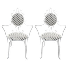 Mid-Century Modern Set of 2 Wrought Iron Wire Chairs with Upholstered Seat/ Back