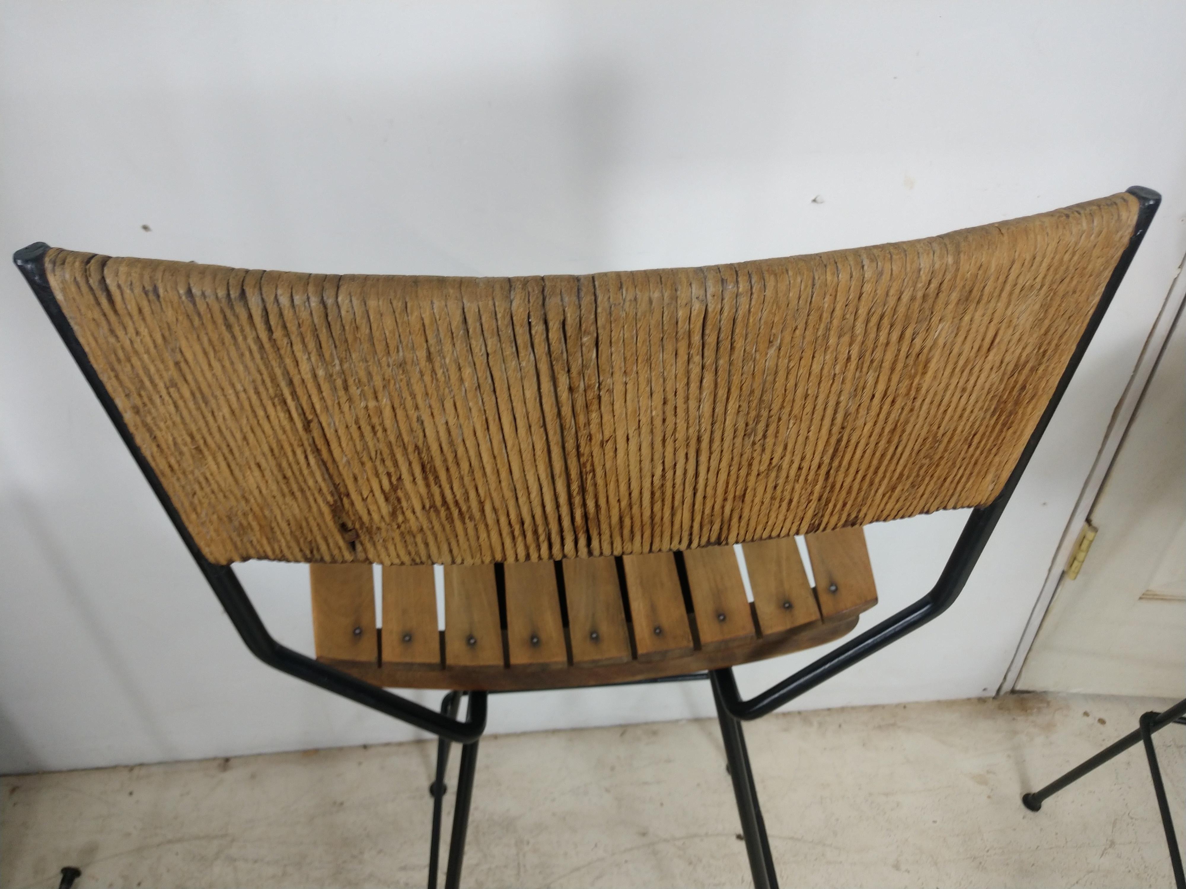 Hand-Crafted Mid-Century Modern Set of 3 Bar Stools by Arthur Umanoff Iron & Raffia