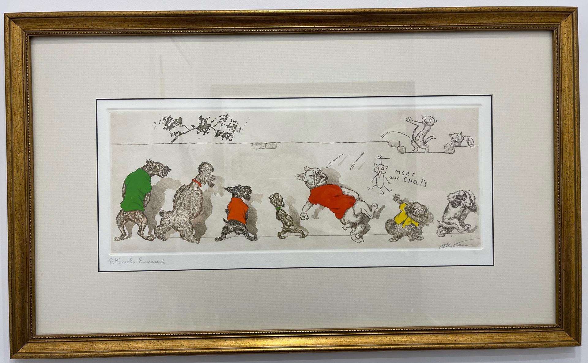 Amusing Mid-Century Modern 3 original signed etchings by the Iconic artist Boris O'Klein. Professionally framed in a gilt frame with matting. Each Etching signed in the lower right corner (except: Reviens! Choquette”) and titled in the lower left