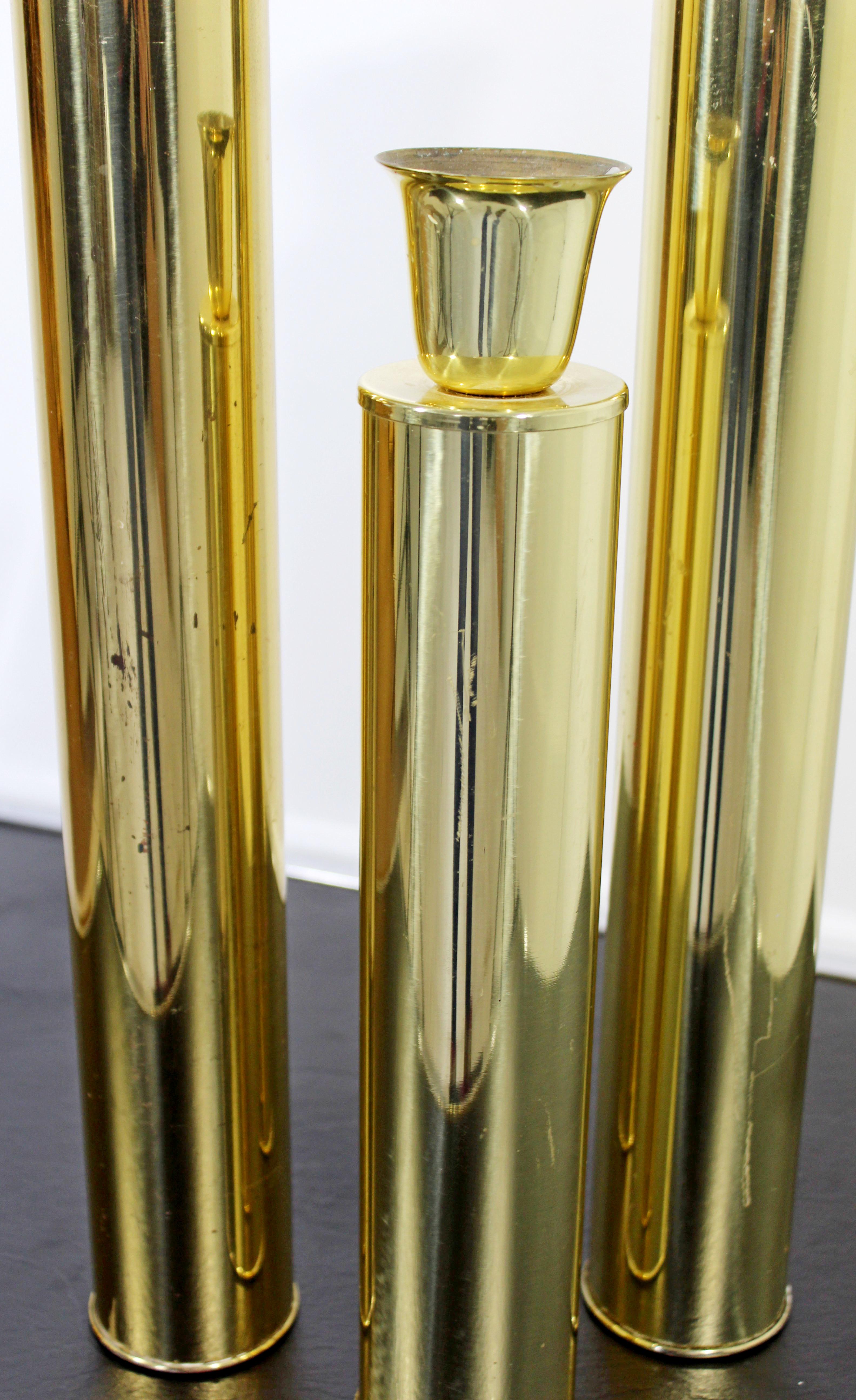 Mid Century Modern Set of 3 Brass Candle Holders Sticks Oggetti Italian, 1970s In Good Condition In Keego Harbor, MI