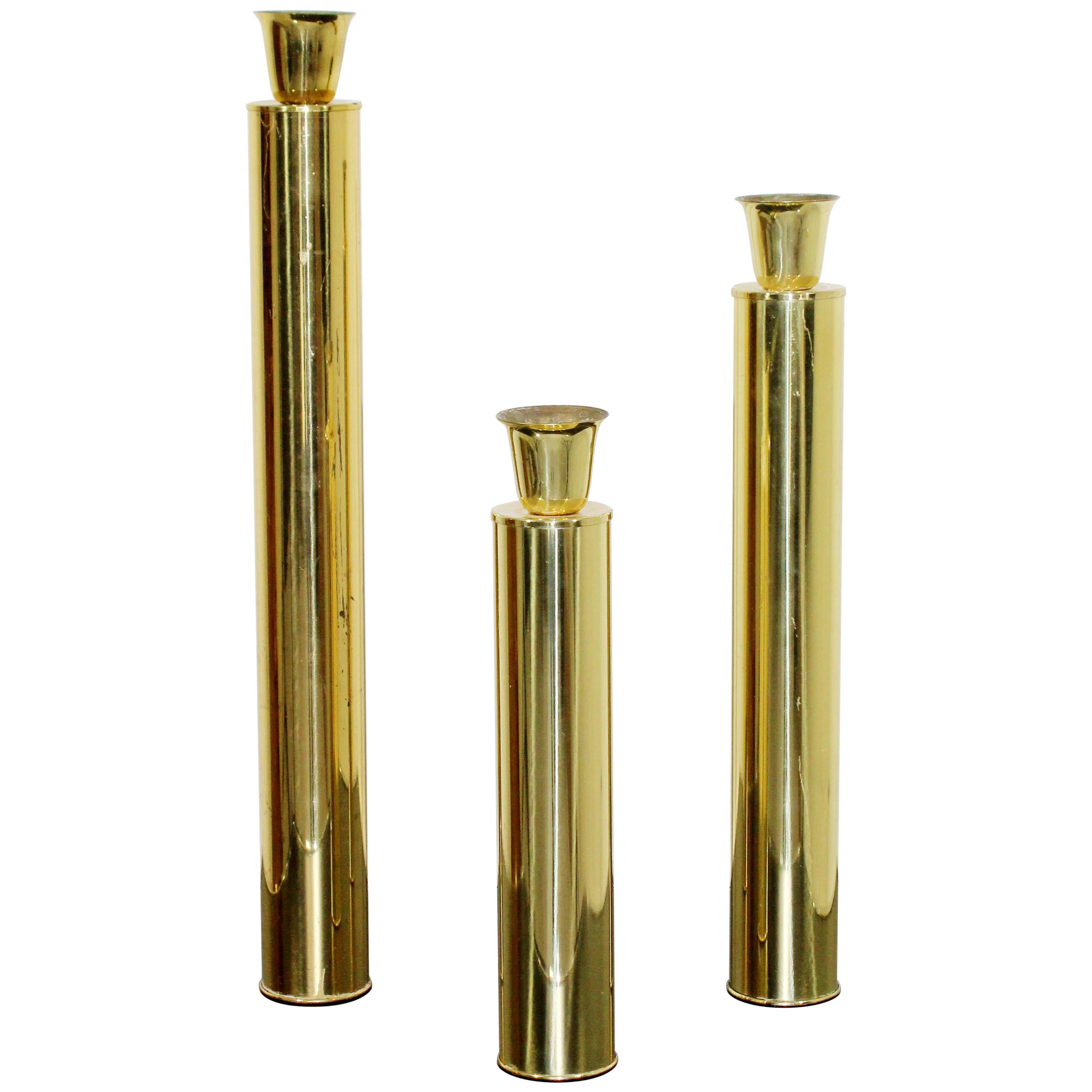 Mid Century Modern Set of 3 Brass Candle Holders Sticks Oggetti Italian, 1970s