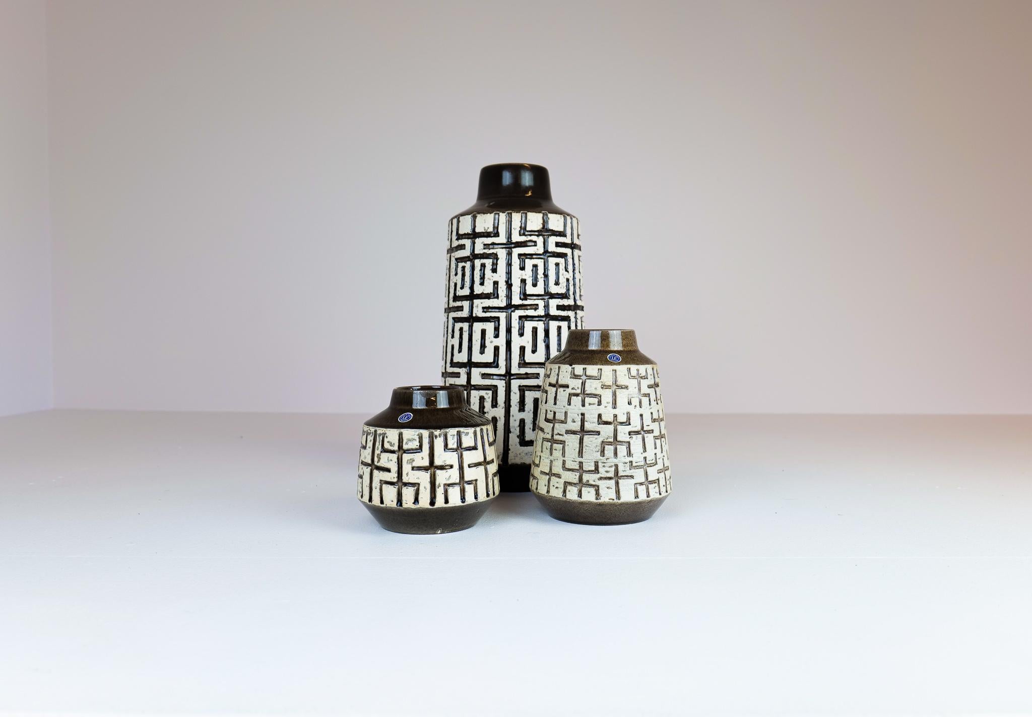 Swedish Mid-Century Modern Set of 3 Ceramic Vases Upsala-Ekeby 