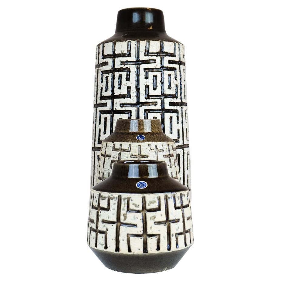Mid-Century Modern Set of 3 Ceramic Vases Upsala-Ekeby "Labyrinth" Sweden, 1960s